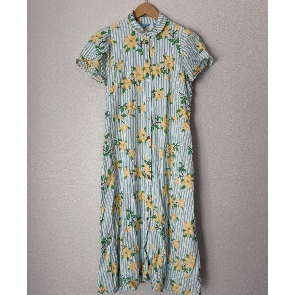 Draper James RSVP Floral Stripe Shirt Dress Blue Yellow Linen Blend Midi M
